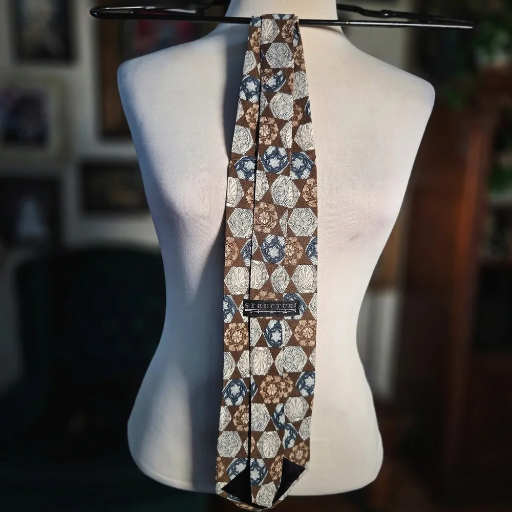 Structure Tie Mens Vintage 90s Silk Geometric Medallion Brown Blue Made in USA